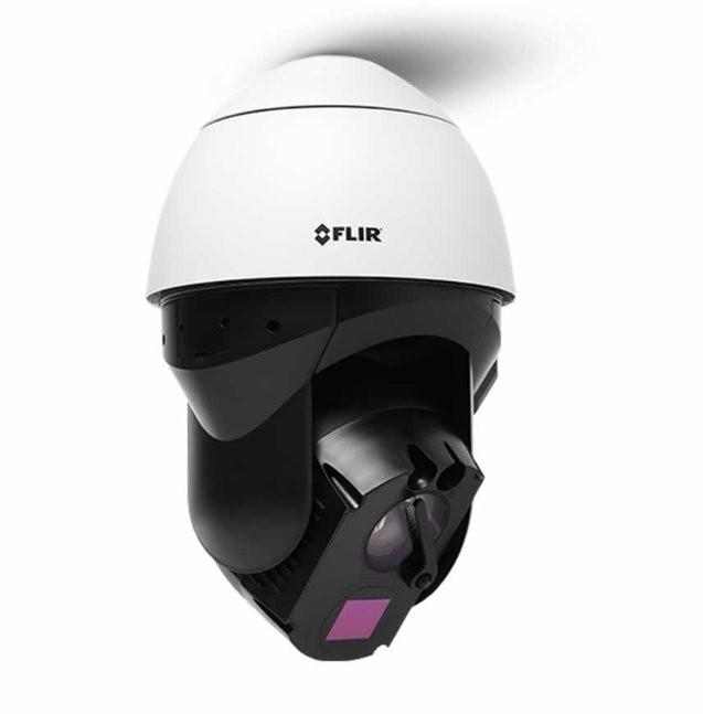 Multi-spectral PTZ camera combining thermal and visible imaging, intended for surveillance / security / perimeter monitoring. image