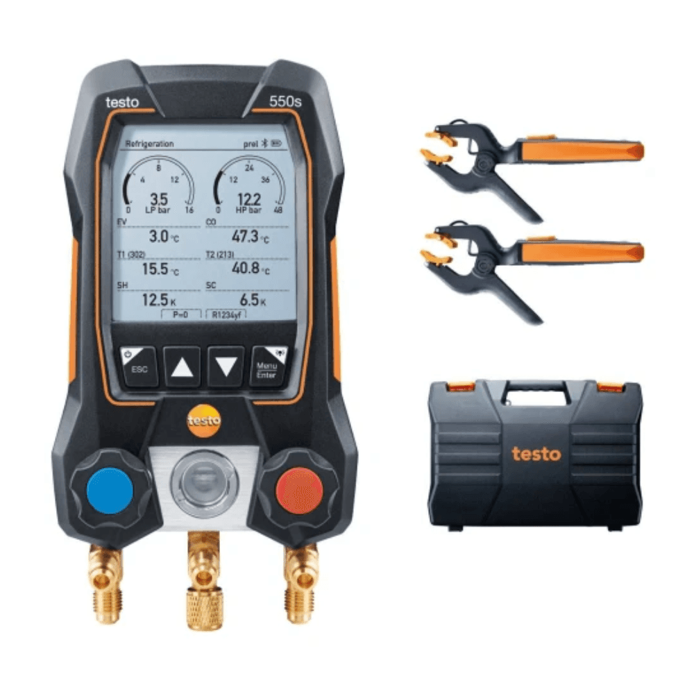 Testo 550s Smart digital manifold with wireless clamp temperature probes (with sightglass)