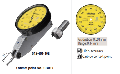 MITUTOYO 513-401-10E High Accuracy Dial Test Indicator Series 513 ไดอัลเทสต์อินดิเคเตอร์แบบก้านสัมผัส ความละเอียด 0.001 มม. ช่วงการวัด 0.14 มม.