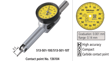 MITUTOYO 513-501-10E Pocket Type Dial Test Indicator Series 513 ไดอัลเทสต์อินดิเคเตอร์แบบเข็ม ความละเอียด 0.001 มม. ช่วงการวัด 0.14 มม.