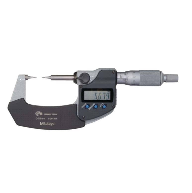 Mitutoyo M-342-251-30 Point Micrometer ไมโครมิเตอร์แบบดิจิตอล (25 - 50 mm) Point Micrometer ช่วงการวัด 0-25 mm. มีแกนวัด (spindle) และทั่งวัด (anvil) ปลายแหลม สำหรับวัดความหนาเว็บของดอกสว่าน ร่องขนาดเล็ก ร่องลิ่ม (keyway) และมิติอื่น ๆ ที่เข้าถึงได้ยาก